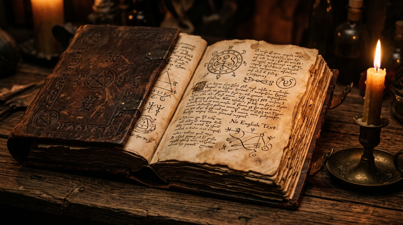 Vieux livre ésotérique ouvert à la lueur d'une bougie