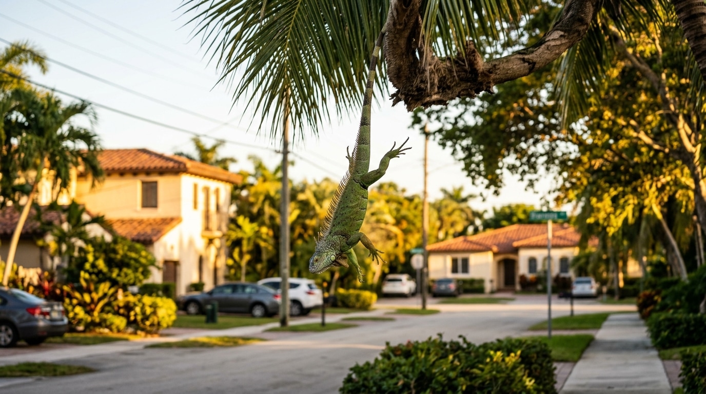 Iguane tombant d'un palmier en pleine chute à Miami