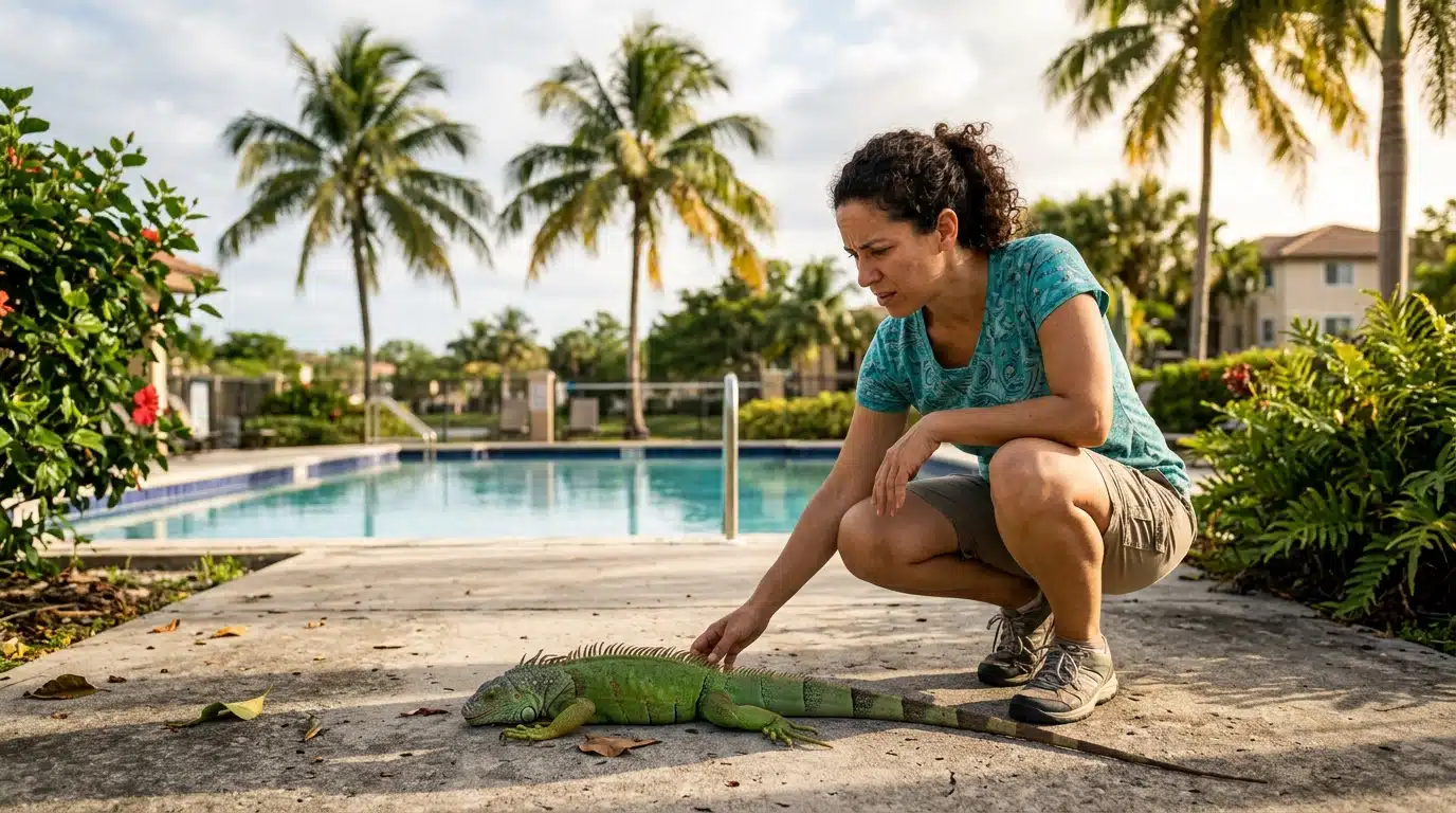 Habitant inquiet près d'un iguane immobile sur un trottoir