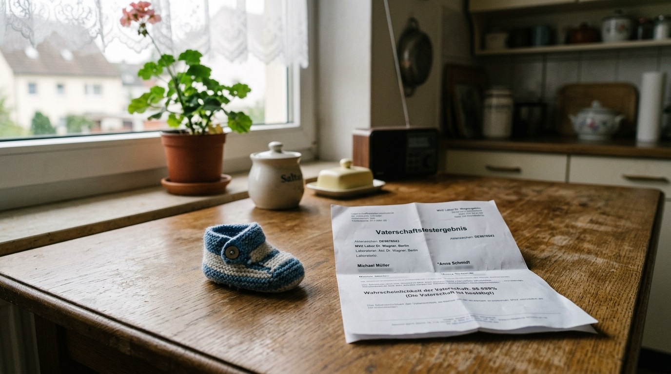 Un chausson de bébé et un document de test de paternité sur une table en bois