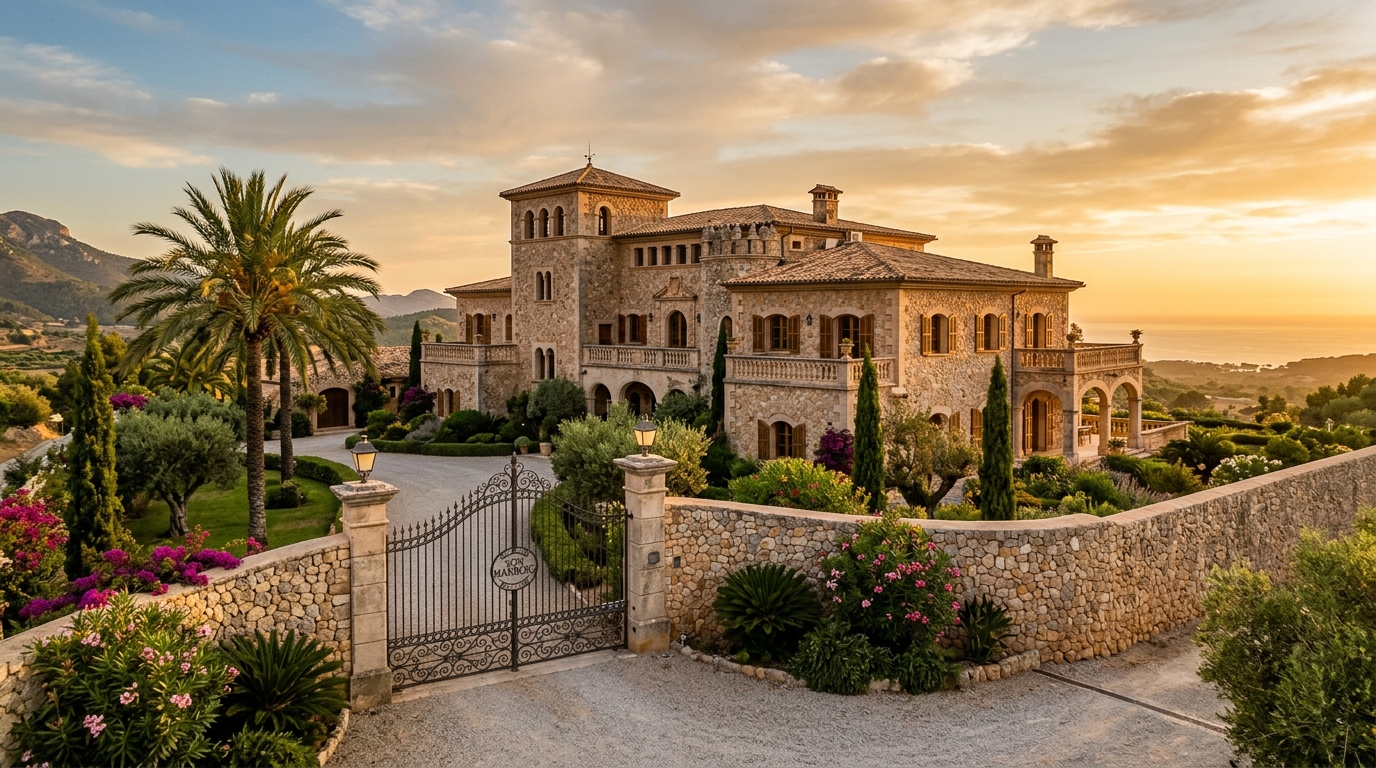 Manoir imposant à Majorque avec grilles en fer forgé, palmiers et lumière dorée du coucher de soleil