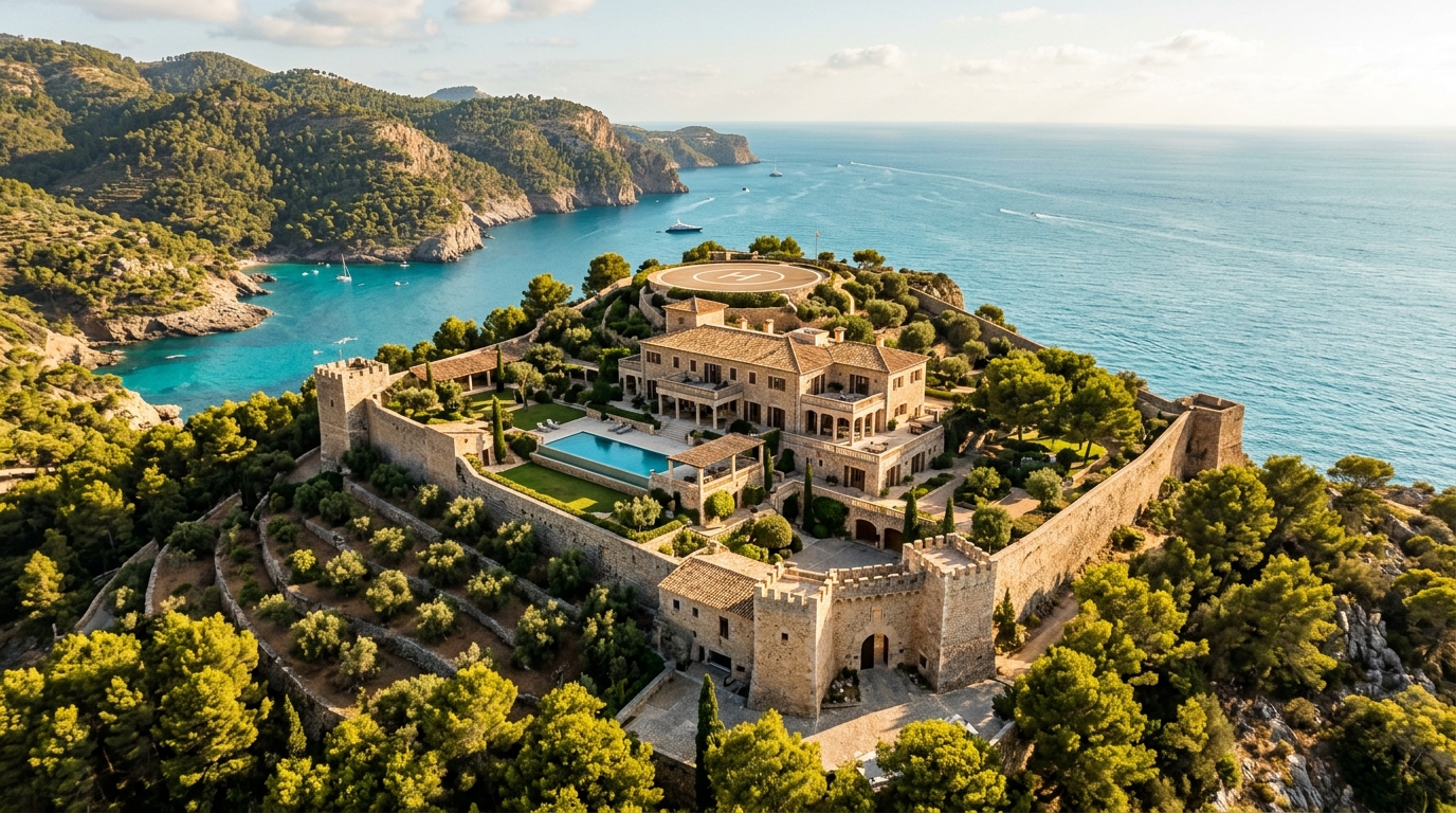 Vue aérienne d'une villa fortifiée avec hélisurface sur les hauteurs de Majorque