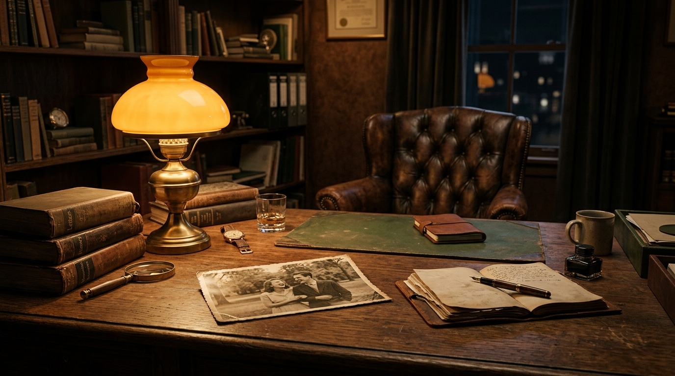 Bureau intimiste éclairé à la lampe ambrée avec une vieille photographie posée sur le bois