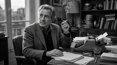Portrait nostalgique évoquant Michel Audiard à sa machine à écrire