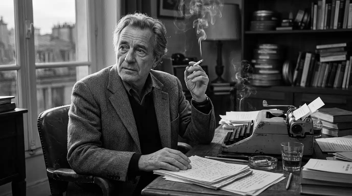 Portrait nostalgique évoquant Michel Audiard à sa machine à écrire