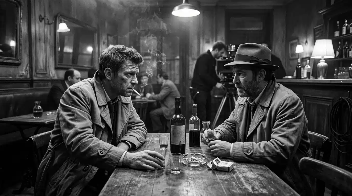 Scène de film noir français inspirée des Tontons flingueurs