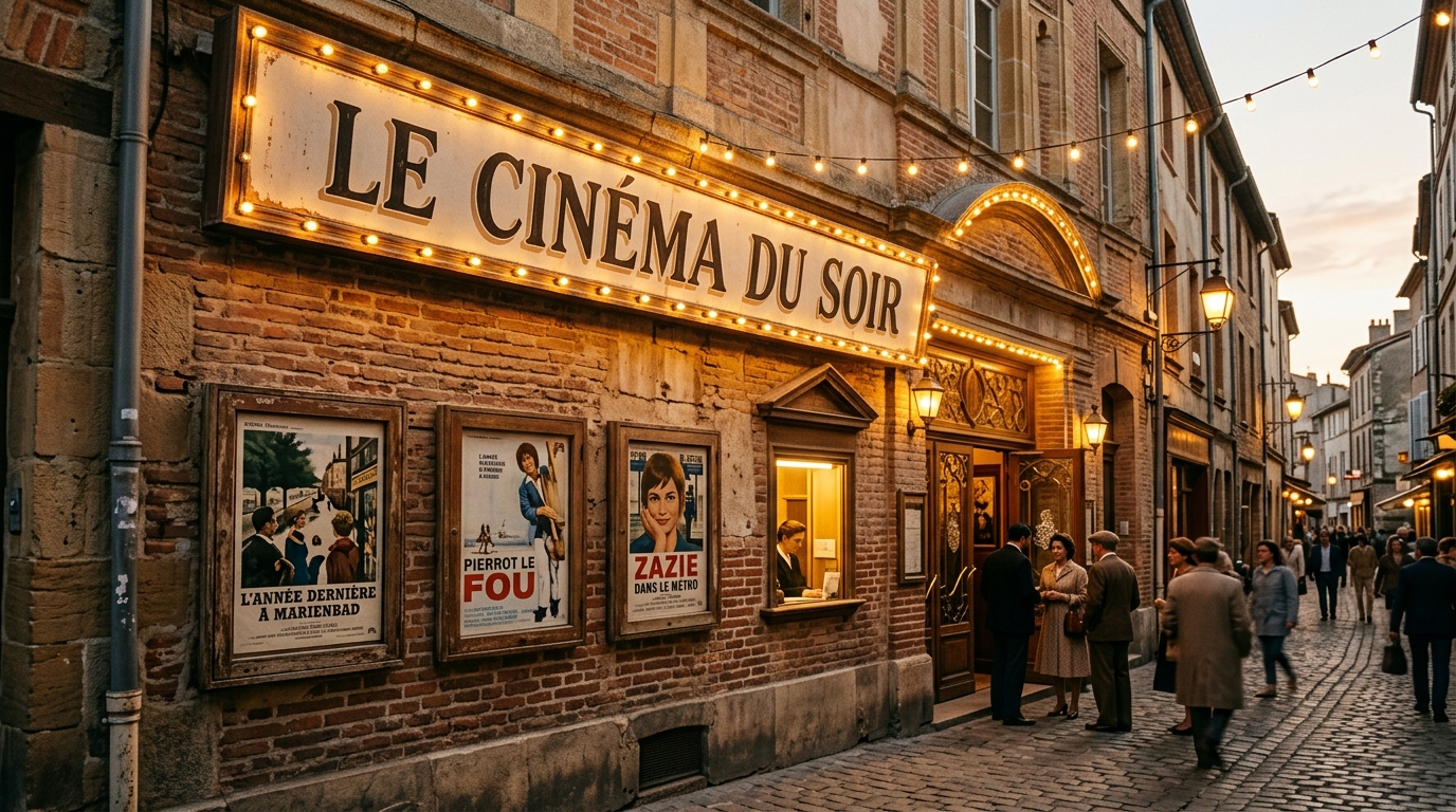 Façade d'un cinéma vintage à l'ambiance nostalgique dorée