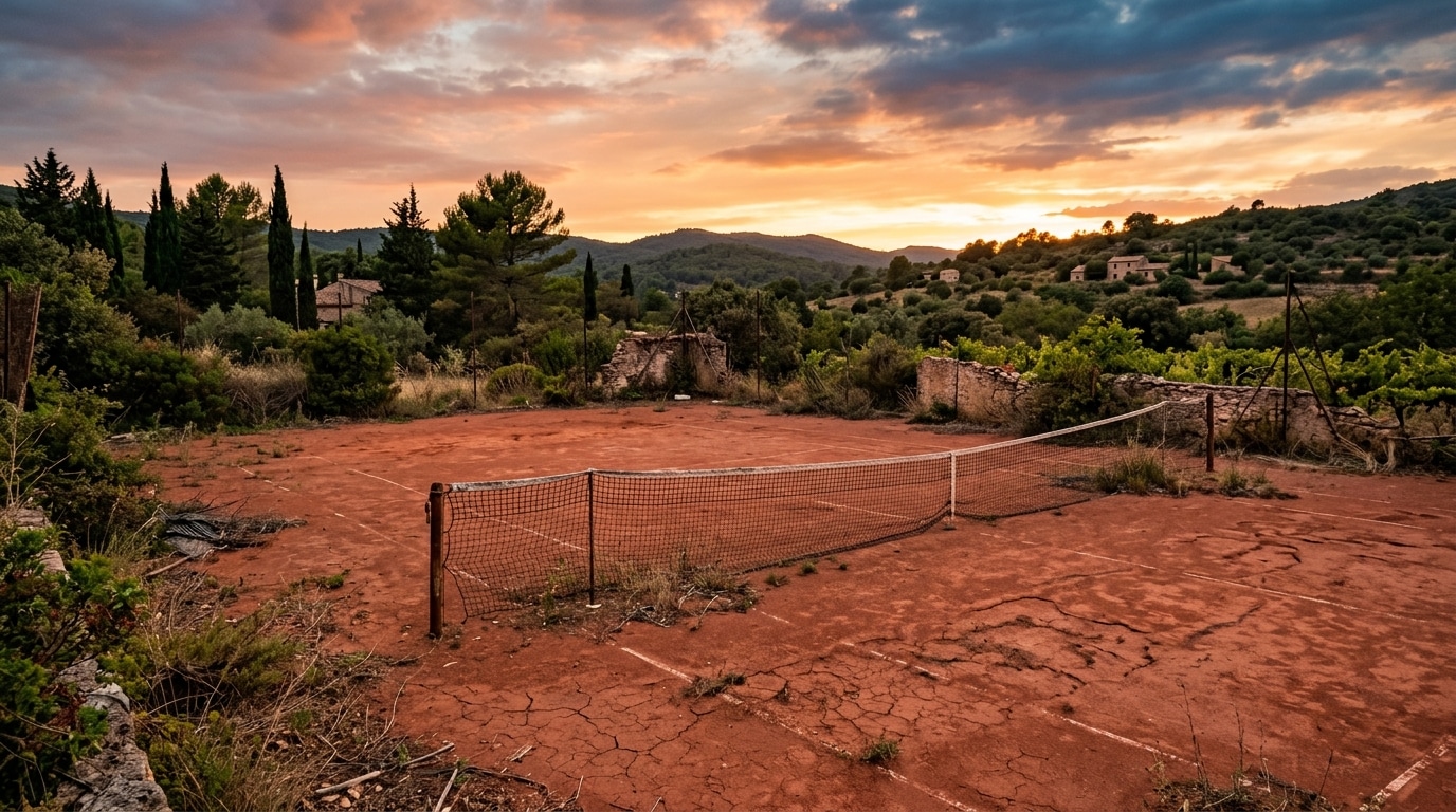 Court de tennis vide à Ramatuelle, lumière de fin de journée