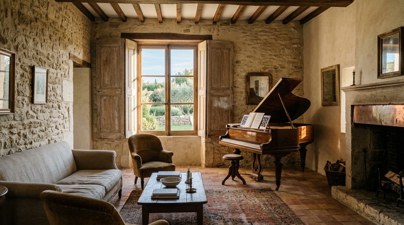 Salon vide d'une maison en pierre symbolisant l'absence