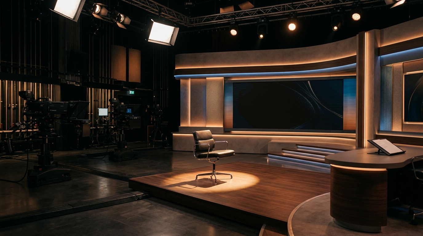 Studio de télévision vide avec fauteuil de présentateur éclairé par un spotlight chaud