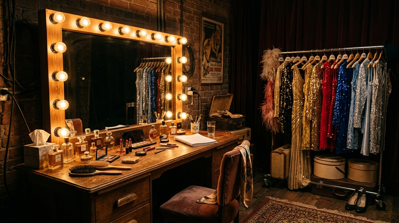 Coulisses vintage avec miroir de loge et costumes pailletés, ambiance années 60