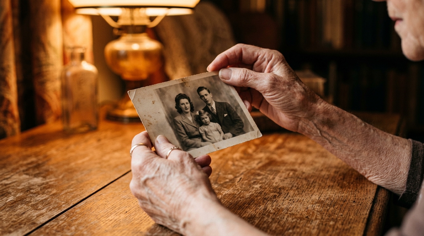 Mains tenant une photographie ancienne à la lumière dorée d'une lampe, ambiance nostalgique