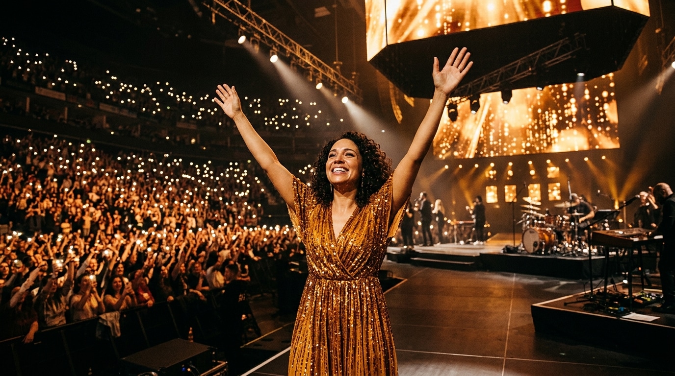 Chanteuse sur une grande scène acclamée par le public