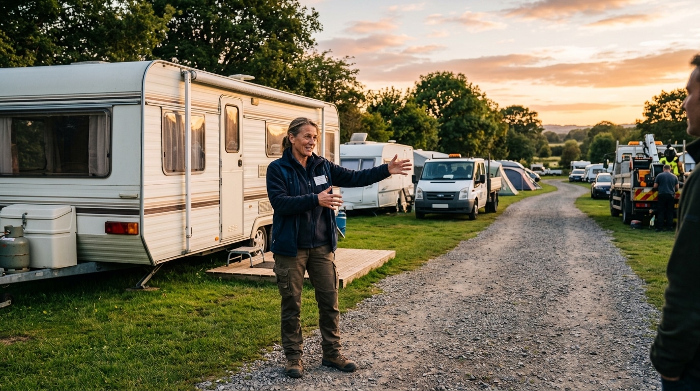 Gérant mesurant un mobil-home avant évacuation forcée