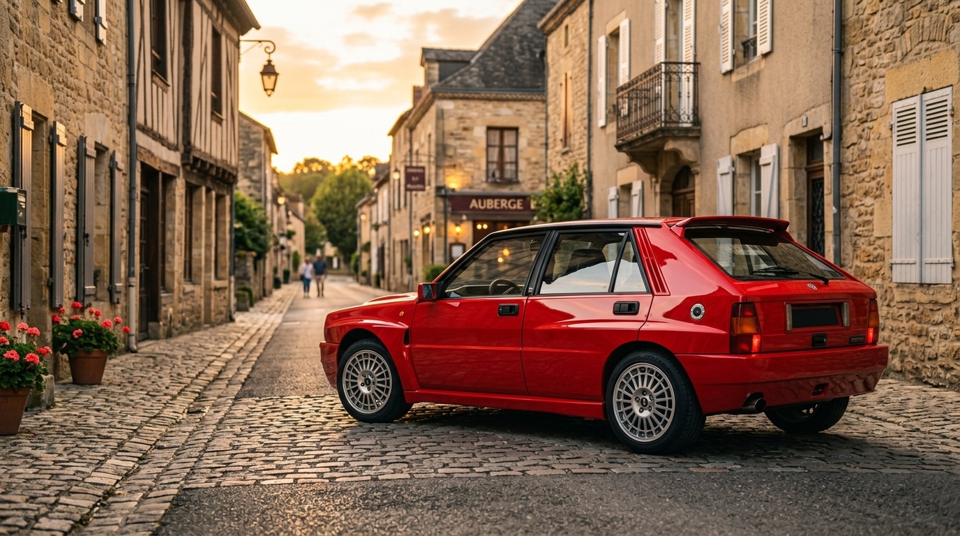 Voiture sportive compacte rouge des années 1980 au coucher du soleil