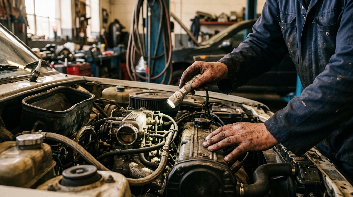 Mécanicien inspectant le moteur d'une voiture de collection