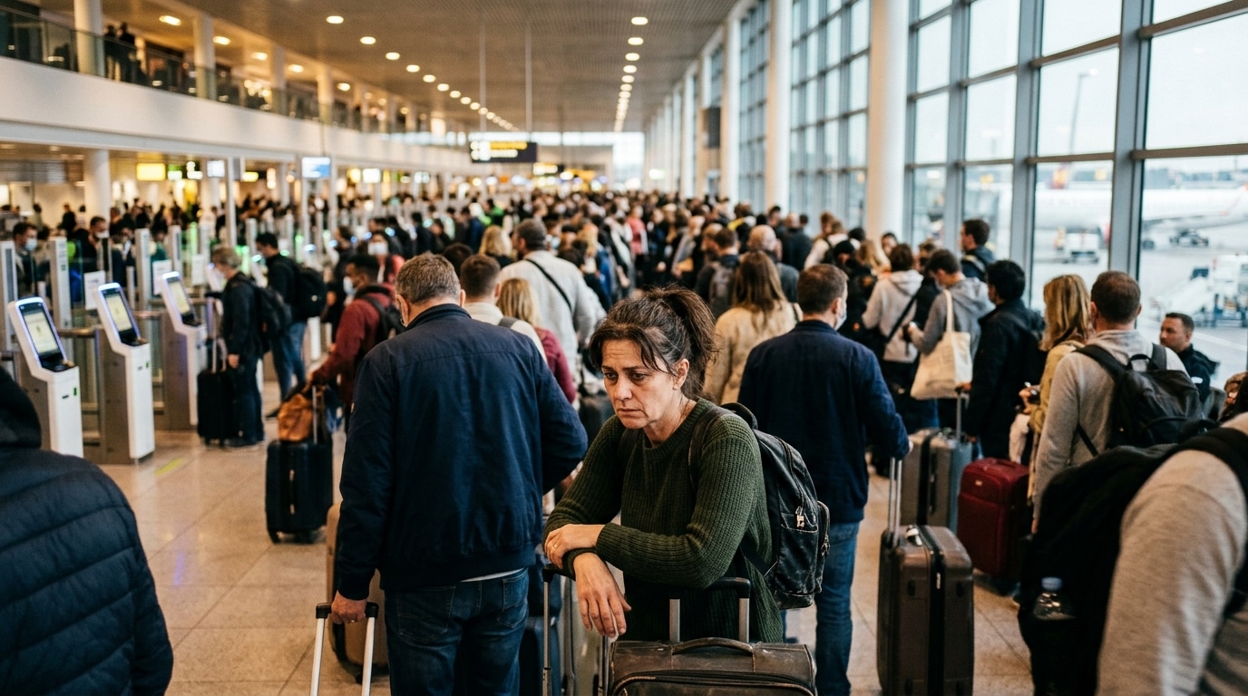 Voyageurs faisant la queue devant des bornes de contrôle biométrique