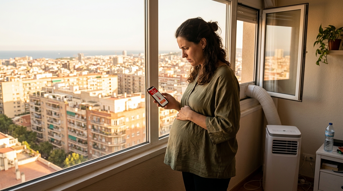 Femme enceinte inquiète consultant une alerte canicule sur son téléphone