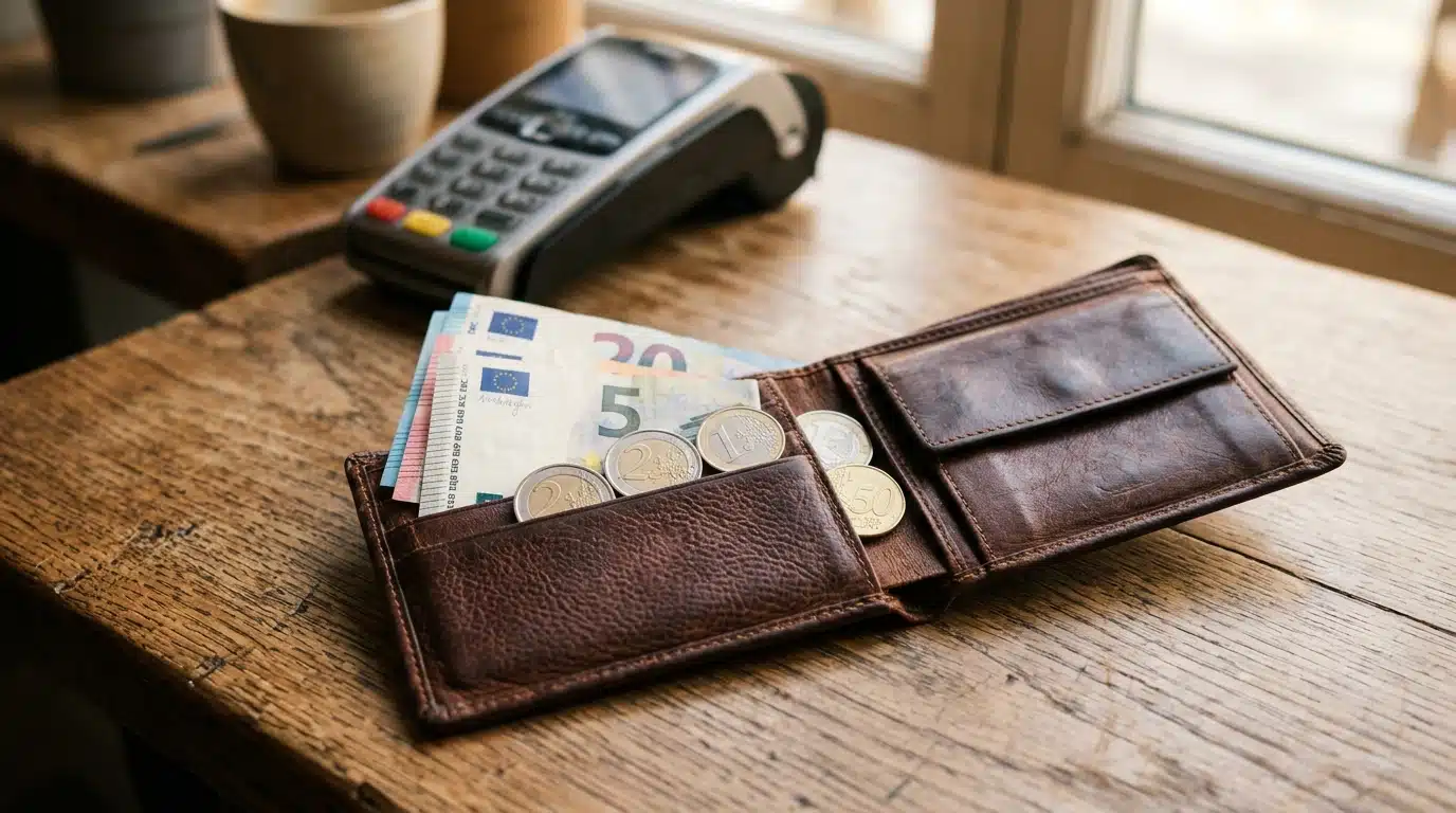 Billets et pièces posés dans un portefeuille en cuir
