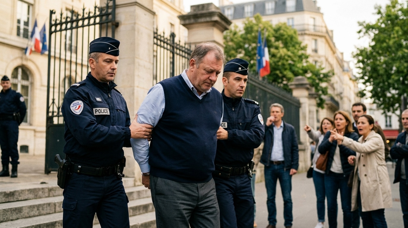 Agent d'accueil menotté escorté hors d'un collège