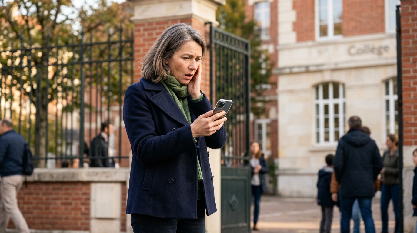 Mère inquiète devant l'entrée d'un collège français