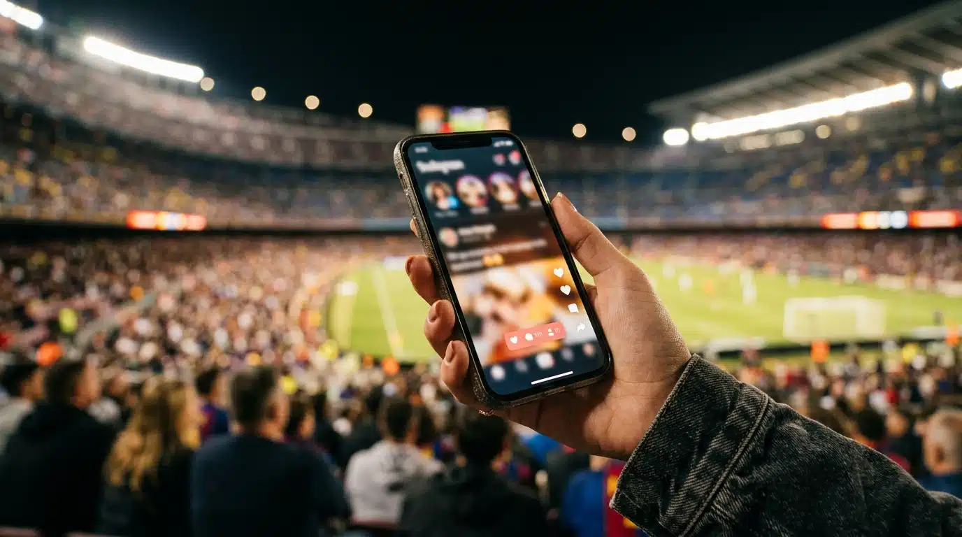 Main tenant un smartphone avec réseau social flouté