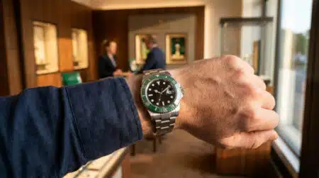 Montre de luxe en acier au poignet lumière dorée