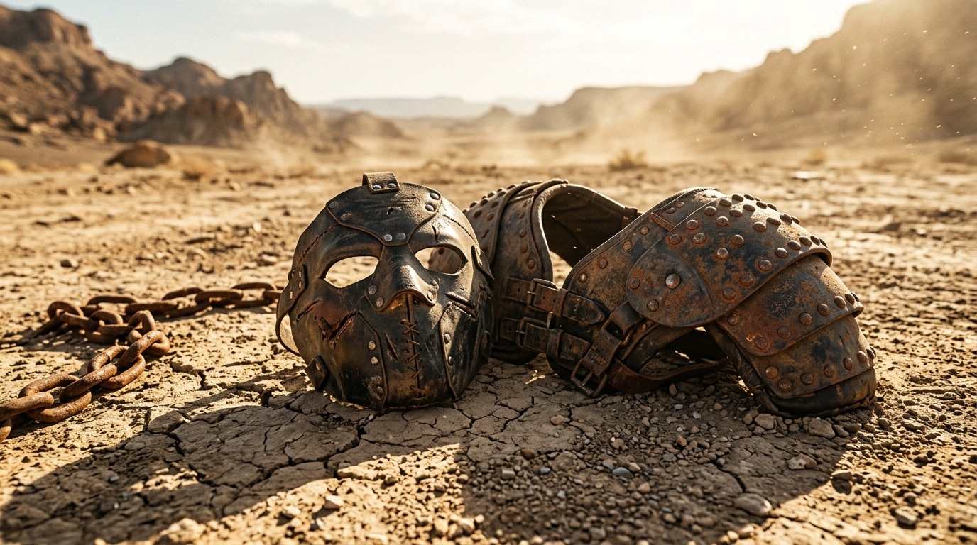Masque de cuir et armure posés dans un décor désertique