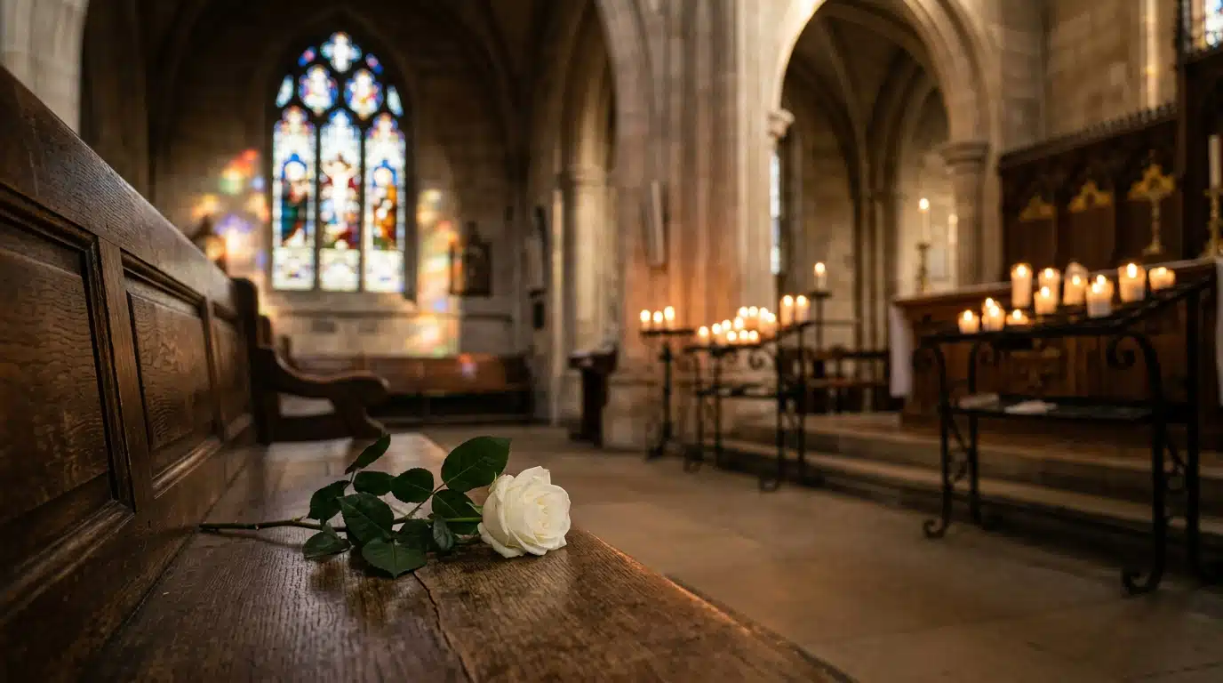 Rose blanche posée sur un banc d'église vide, lumière de bougies
