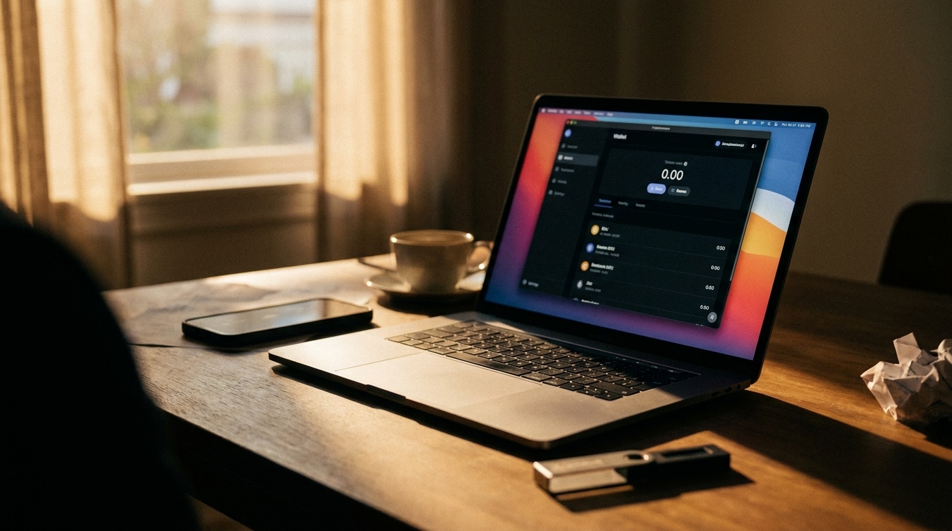 Portefeuille crypto affiché sur un ordinateur portable dans la pénombre