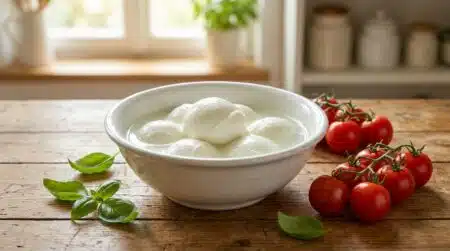 Boules de mozzarella fraîche avec tomates et basilic