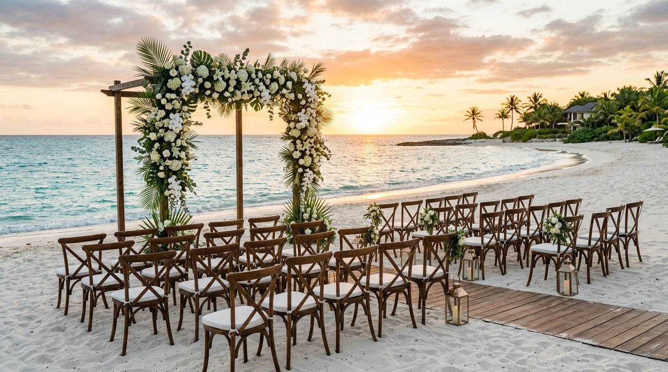 Arche fleurie de mariage face à la mer turquoise sur une île privée tropicale au coucher du soleil