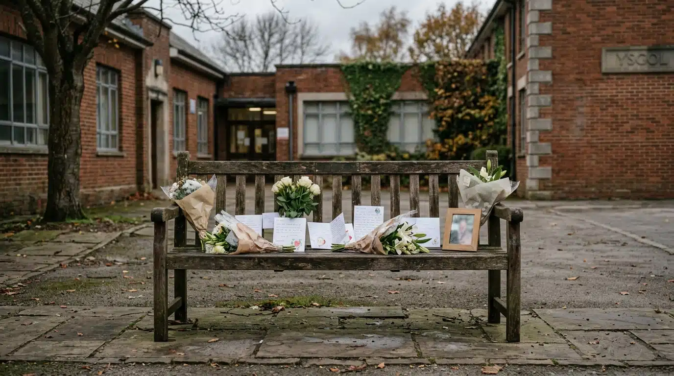 Banc d'école avec fleurs et hommages déposés en hommage