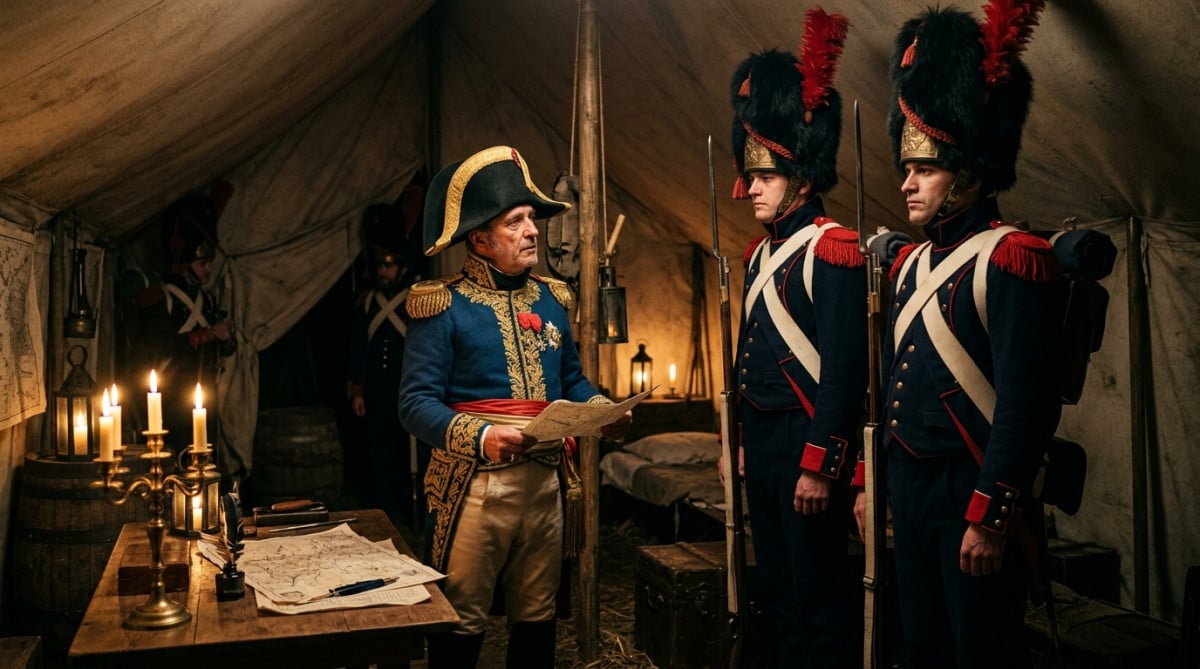 Napoléon debout entouré de ses gardes du corps imposants