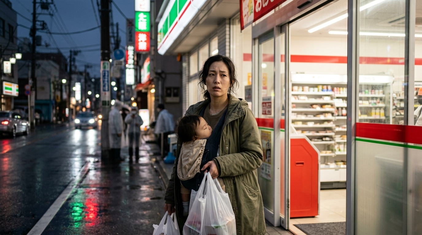 Mère épuisée avec sacs devant supérette japonaise la nuit