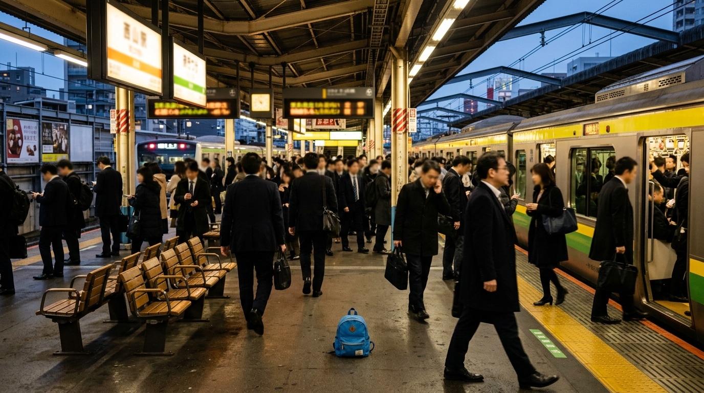 Sac à dos d'enfant seul sur quai de gare japonais