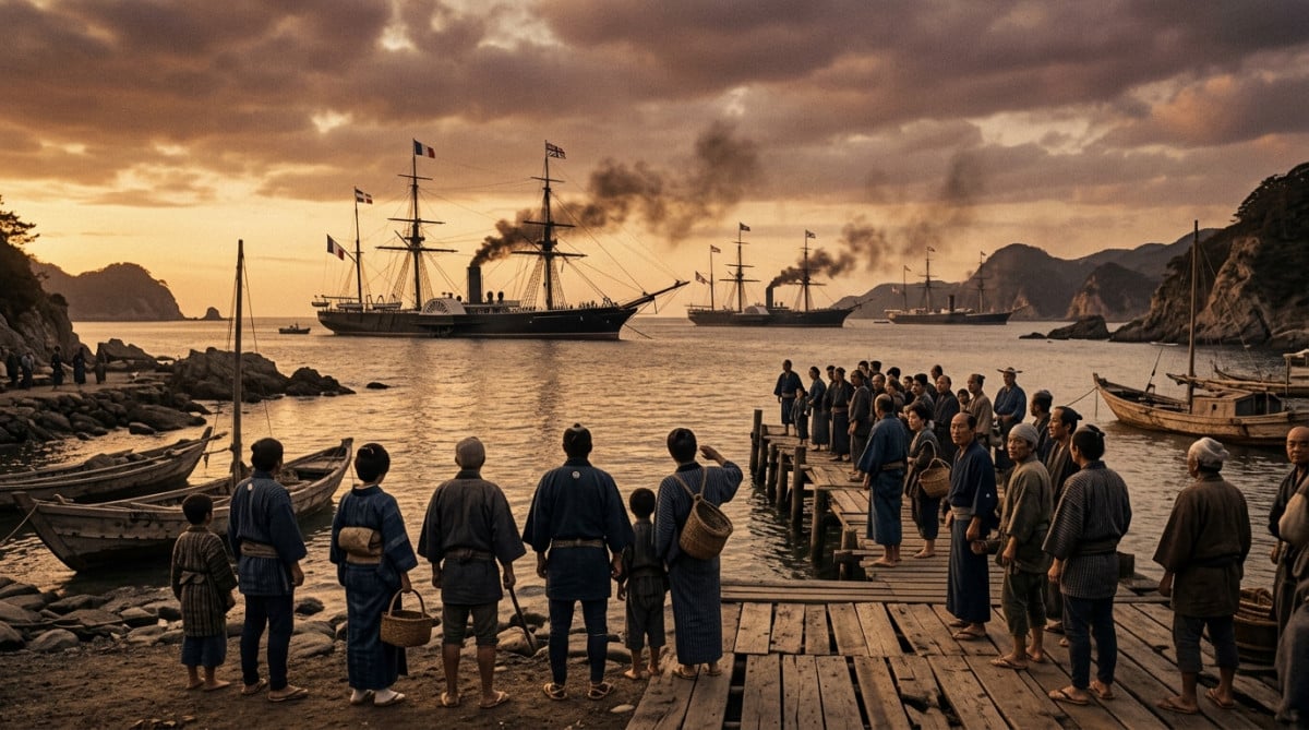 Navires noirs américains dans la baie d'Edo au Japon