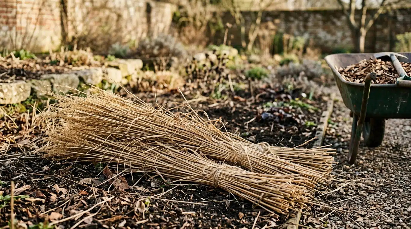 Tiges sèches de miscanthus coupées et rassemblées au jardin