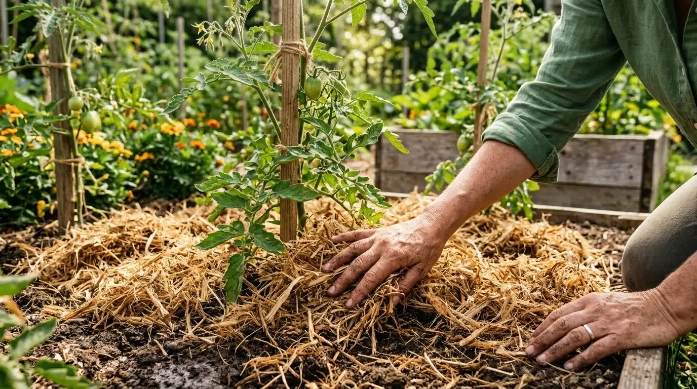 Paillis de miscanthus étalé au pied de plants de tomates