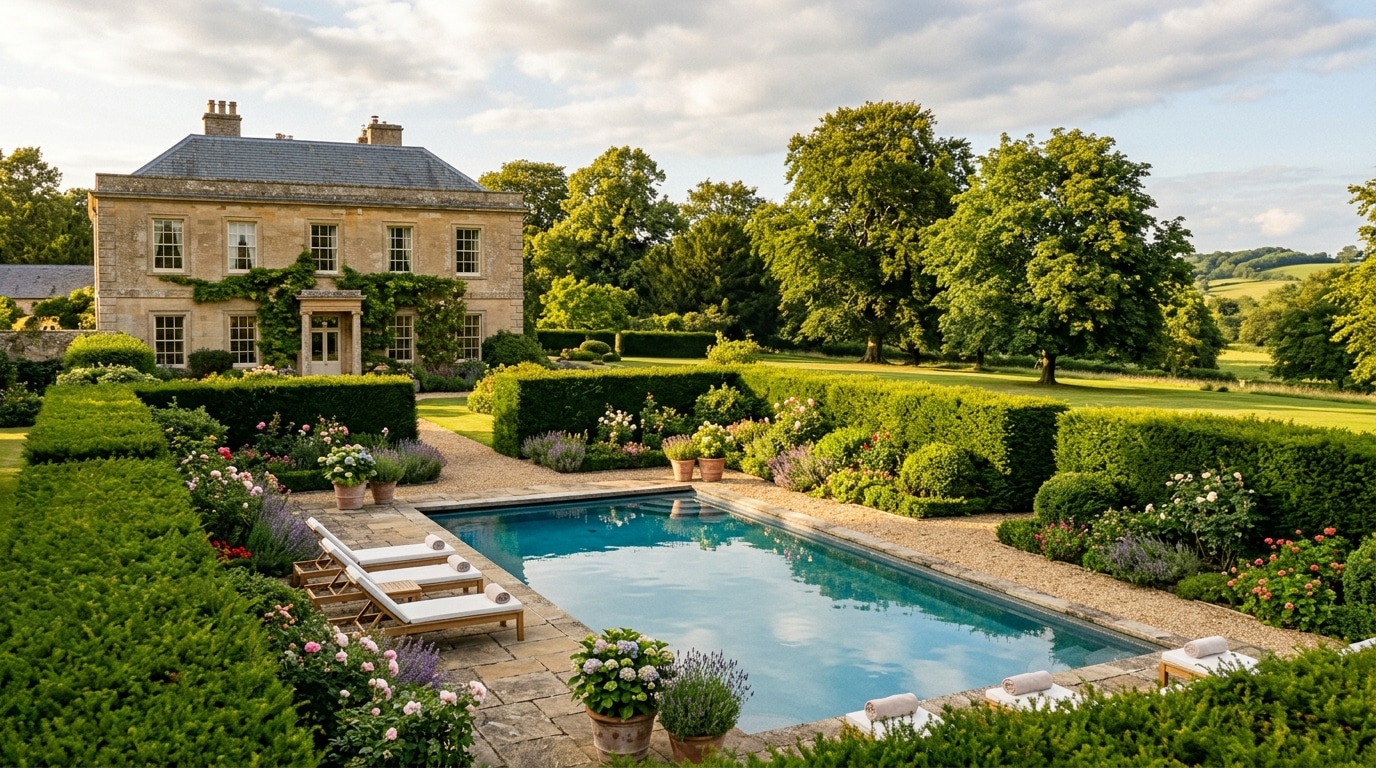 Les jardins ensoleillés d'une demeure géorgienne avec piscine, évoquant l'atmosphère d'Ormeley Lodge