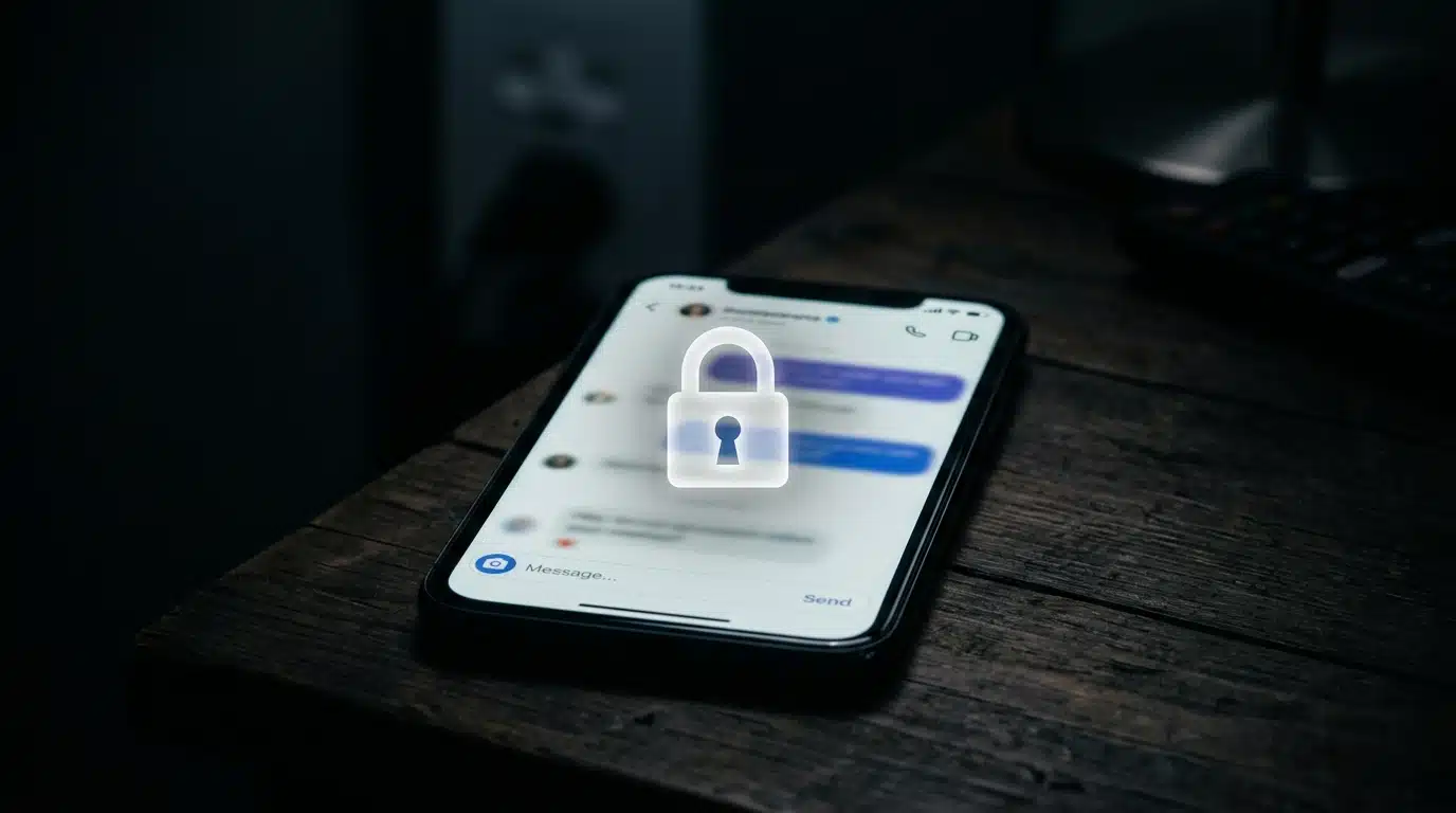 Écran de smartphone avec conversation suspecte et cadenas dans l'obscurité
