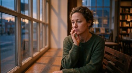 Femme pensive au crépuscule près d'une fenêtre