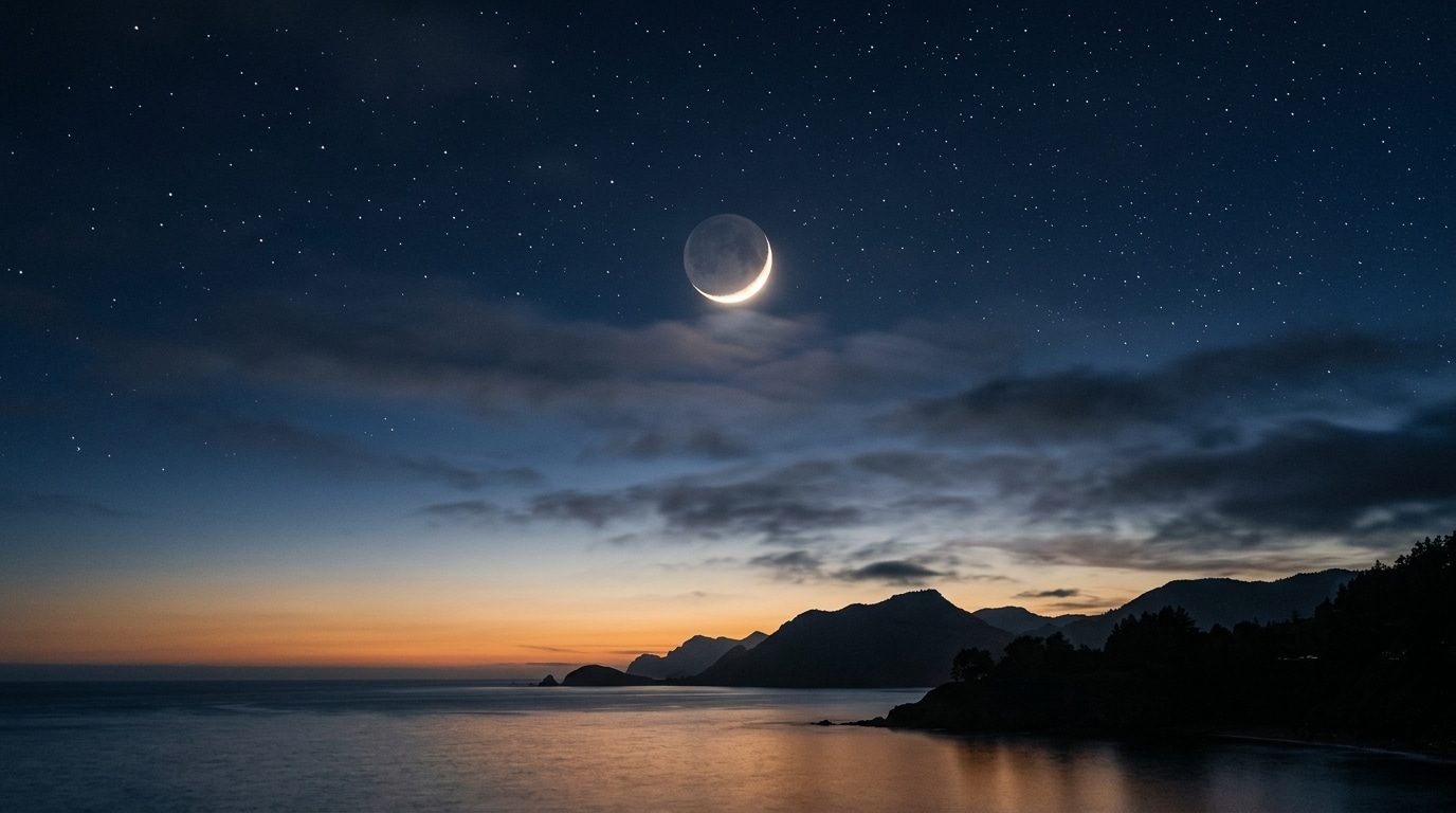 Lune montante dans un ciel étoilé au crépuscule