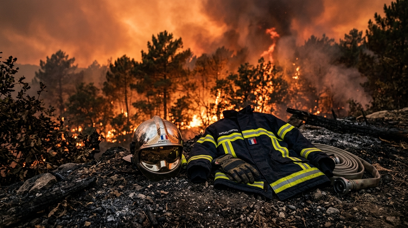 Équipement de pompier posé devant un ciel orangé de feux de forêt