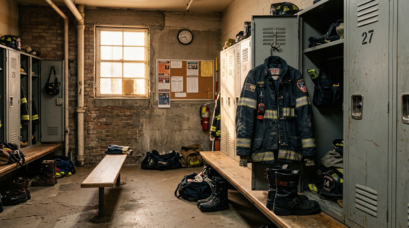 Uniforme de pompier accroché dans un vestiaire modeste baigné de lumière