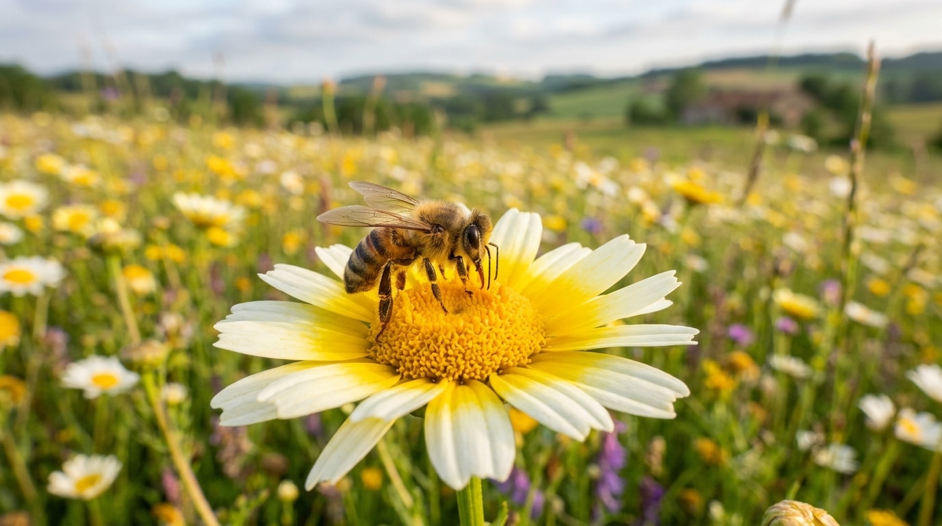 Abeille posée sur une fleur jaune en campagne française