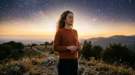 Femme méditant sous un ciel doré et étoilé