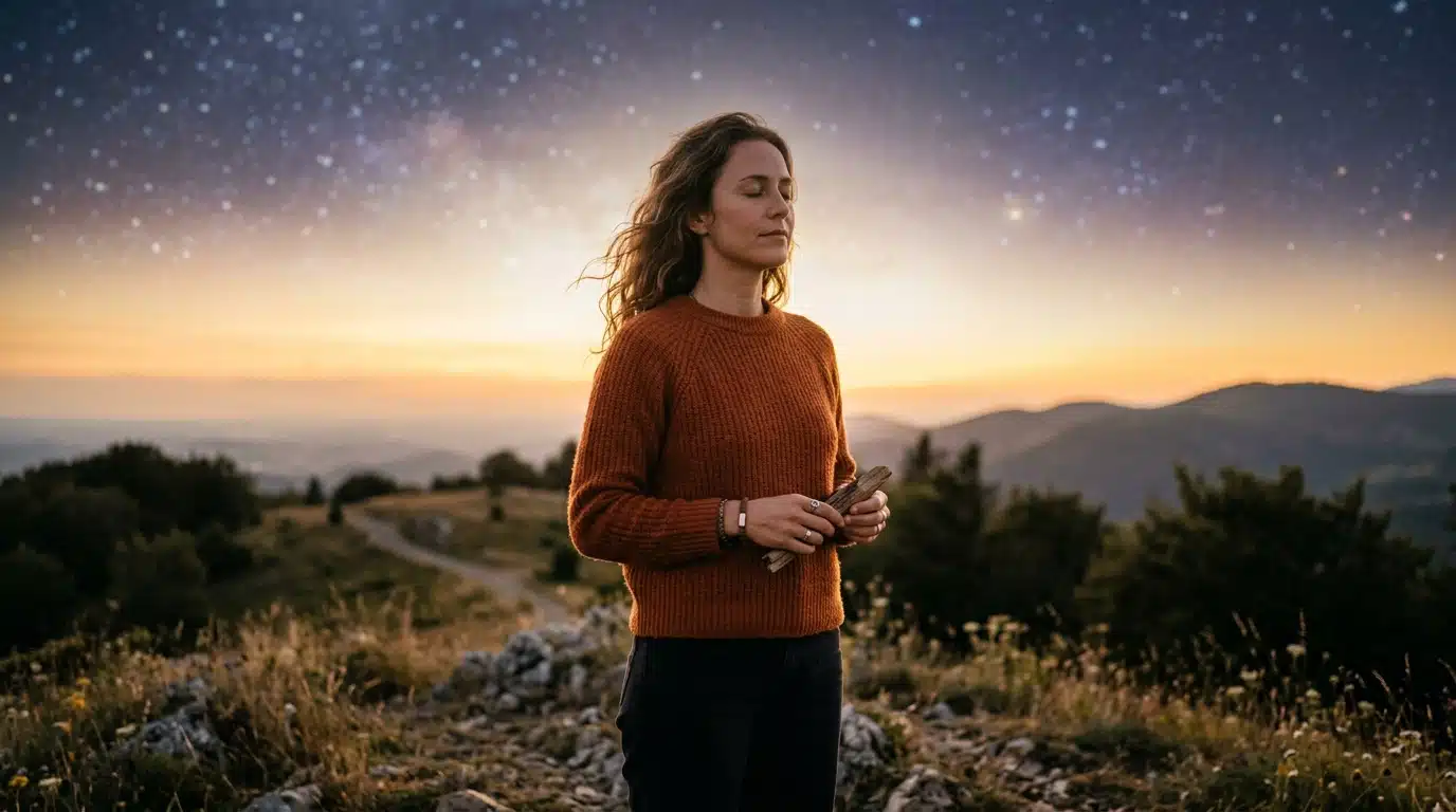 Femme méditant sous un ciel doré et étoilé