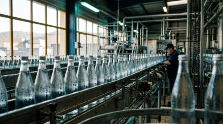 Bouteilles d'eau minérale alignées sur chaîne d'embouteillage