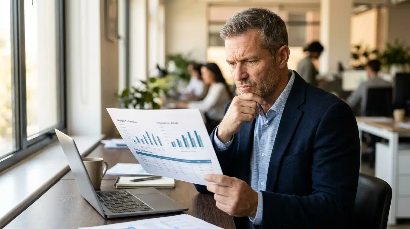 Homme d'affaires inquiet consultant un document financier